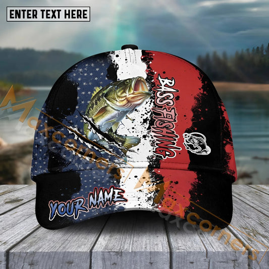 Maxcorners Bass Fishing Paint Scratch American Flag Pattern Sport Pattern Personalized Name 3D Cap MT173