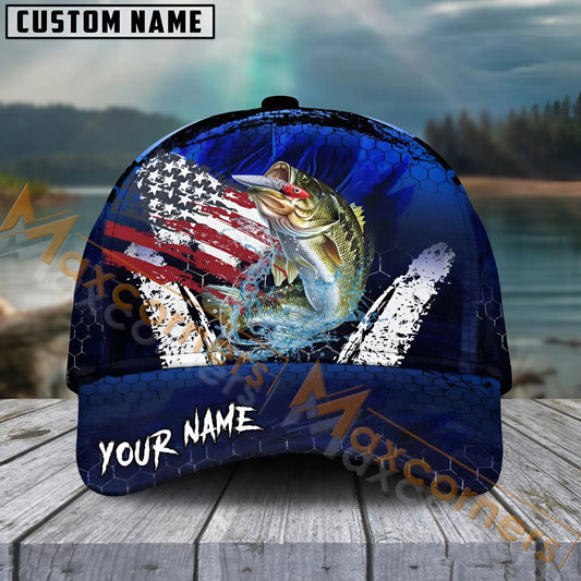 Maxcorners Bass Fishing Dark Blue Scratch American Flag Pattern Sport Pattern Personalized Name 3D Cap MT173