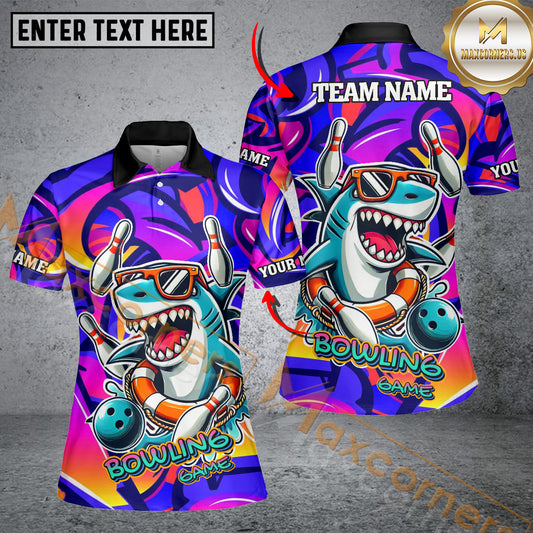 Maxcorners Funny Shark Graffiti Pattern Bowling Game Jersey Multicolor Options Personalized Name, Team Name 3D Shirt For Women (4 Colors)