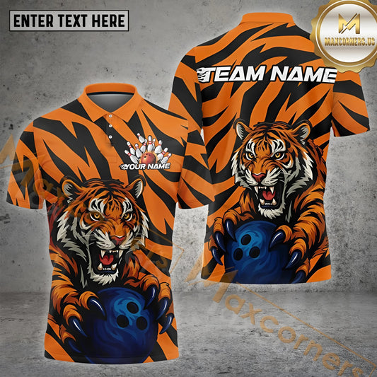 Maxcorners  Bowling Pins & Ball Tiger Stripe Pattern Multicolor Options Personalized Name, Team Name 3D Shirt (4 Colors)