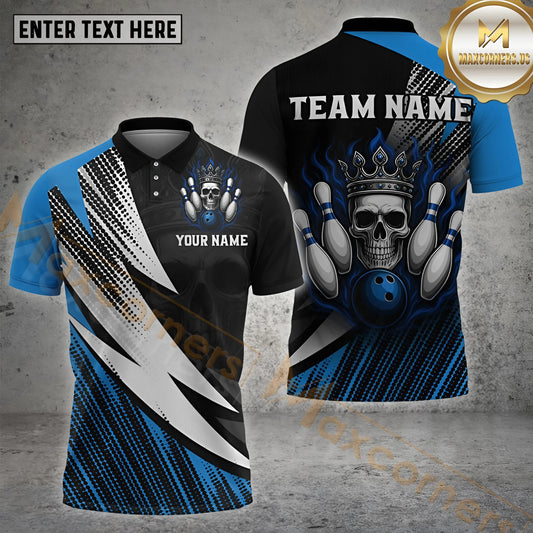 Maxcorners Bowling Skull King Electric Blue Multicolor Options Personalized Name, Team Name 3D Shirt (4 Colors)