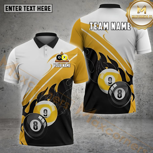 Maxcorners Billiard  8 9 Ball Gold Flames Multicolor Options Personalized Name, Team Name 3D Shirt (4 Colors)