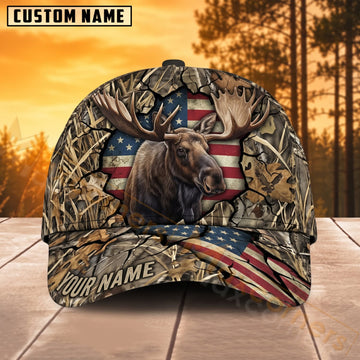 Maxcorners Moose Hunting Patriotic Flag Antler Woodland Camo Personalized Name 3D Cap