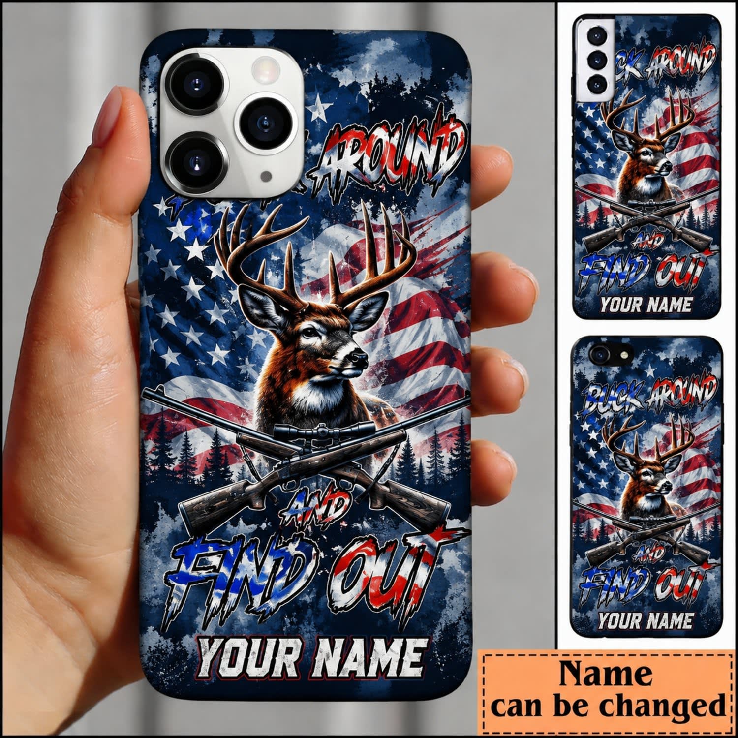 Maxcorners Hunting Patriotic Deer American Flag Blue Camo Personalized Name 3D Phone Case