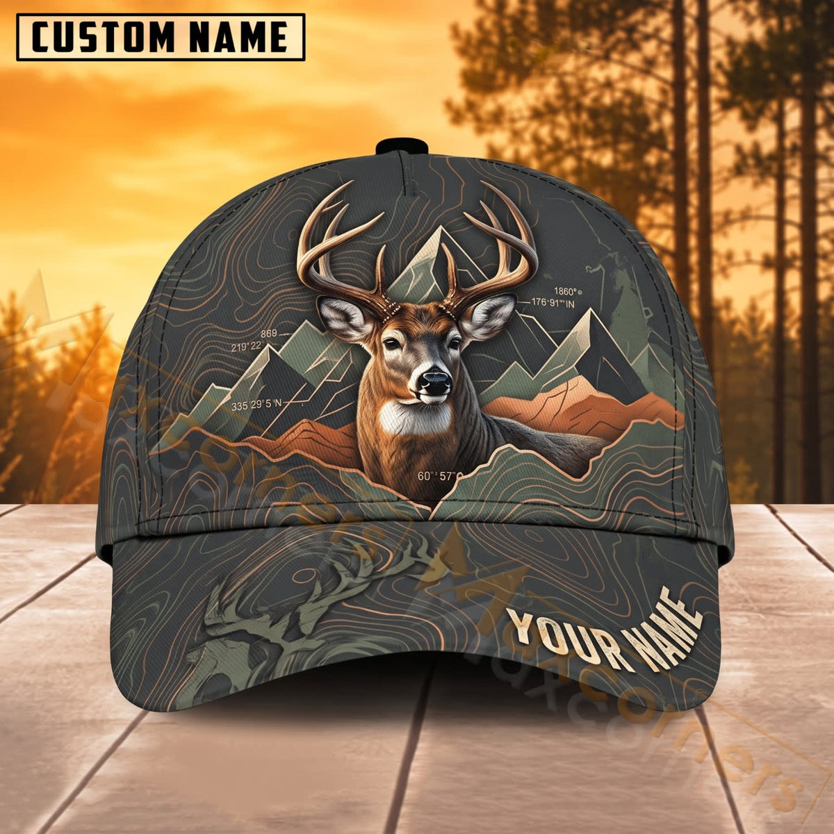 Maxcorners Deer Hunting Mountain Range Buck Portrait Personalized Name 3D Cap