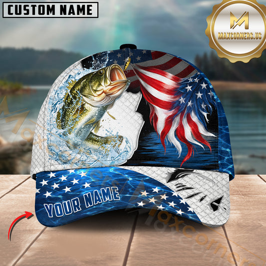 Maxcorners Fishing Largemouth Bass USA Flag Custom Name Personalized Cap (12 Fish Species)