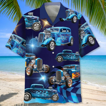 Maxcorners Personalized Hot Rod Blue Style Hawaiian Shirt, Custom Photo Car Aloha Shirts