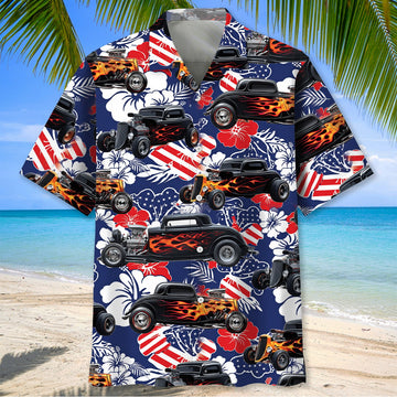 Maxcorners Personalized American Flag Flame Hot Rod Tropical Hibiscus Hawaiian Shirt, Custom Photo Car Aloha Shirts