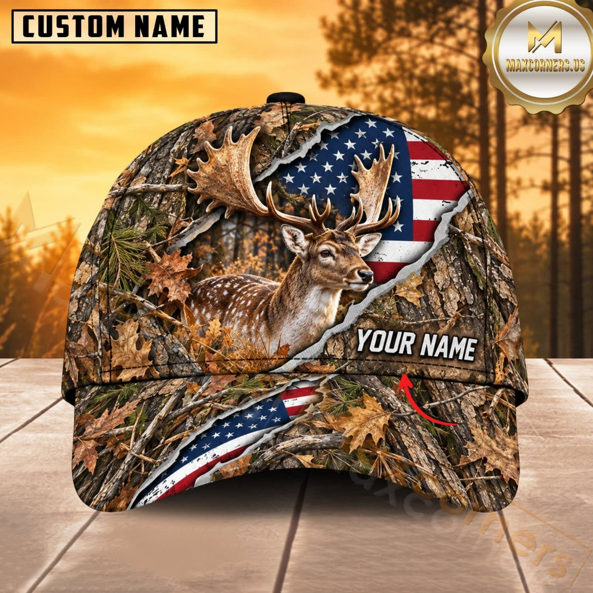 Maxcorners Hunting Wildlife Woodland Camo Torn American Flag Personalized Name 3D Cap