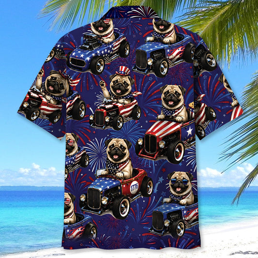 Maxcorners 4th Of July Funny Pug Hot Rod Hawaiian Shirt