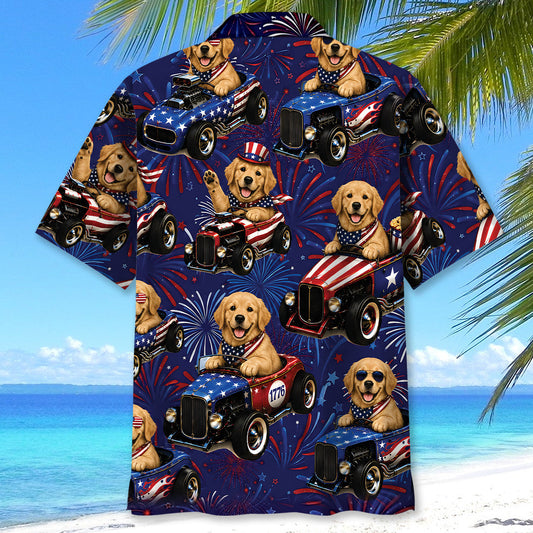 Maxcorners 4th Of July Funny Golden Retriever Hot Rod Hawaiian Shirt