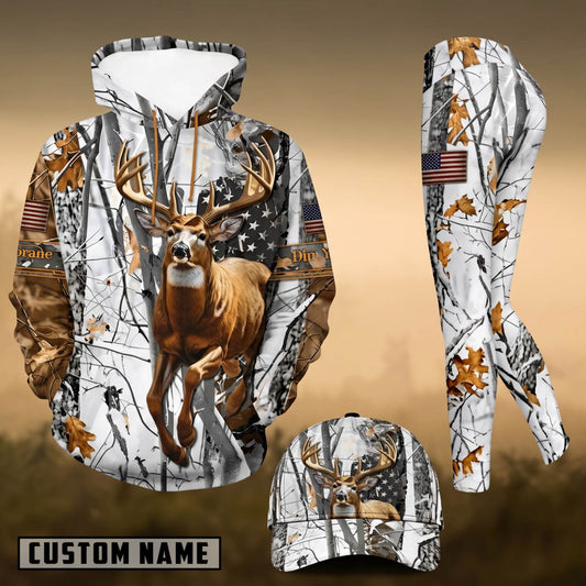 Maxcorners Hunting Whitetail Deer American Flag Snow Camo 3D Shirts