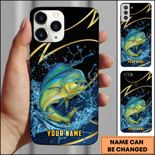 Maxcorners Mahi-mahi Fishing Phone Case Dynamic Water Splash Black Gold Line Personalized Name Phone Case