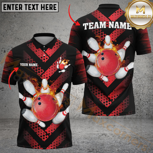 Maxcorners Bowling Chevron Blaze Personalized Name Men And Women 3D Polo Shirt Custom Bowling Team Jersey (4 Colors)