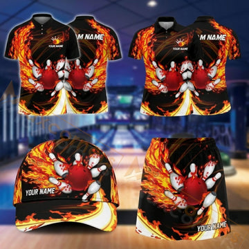 Maxcorners Bowling Flaming Bowling Ball And Pins Design Personalized Team Sportswear Set - Polo Shirt, Cap & Skorts