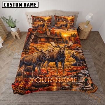 Maxcorners Moose Hunting Autumn Forest Herd Custom Name 3D Bedding Set