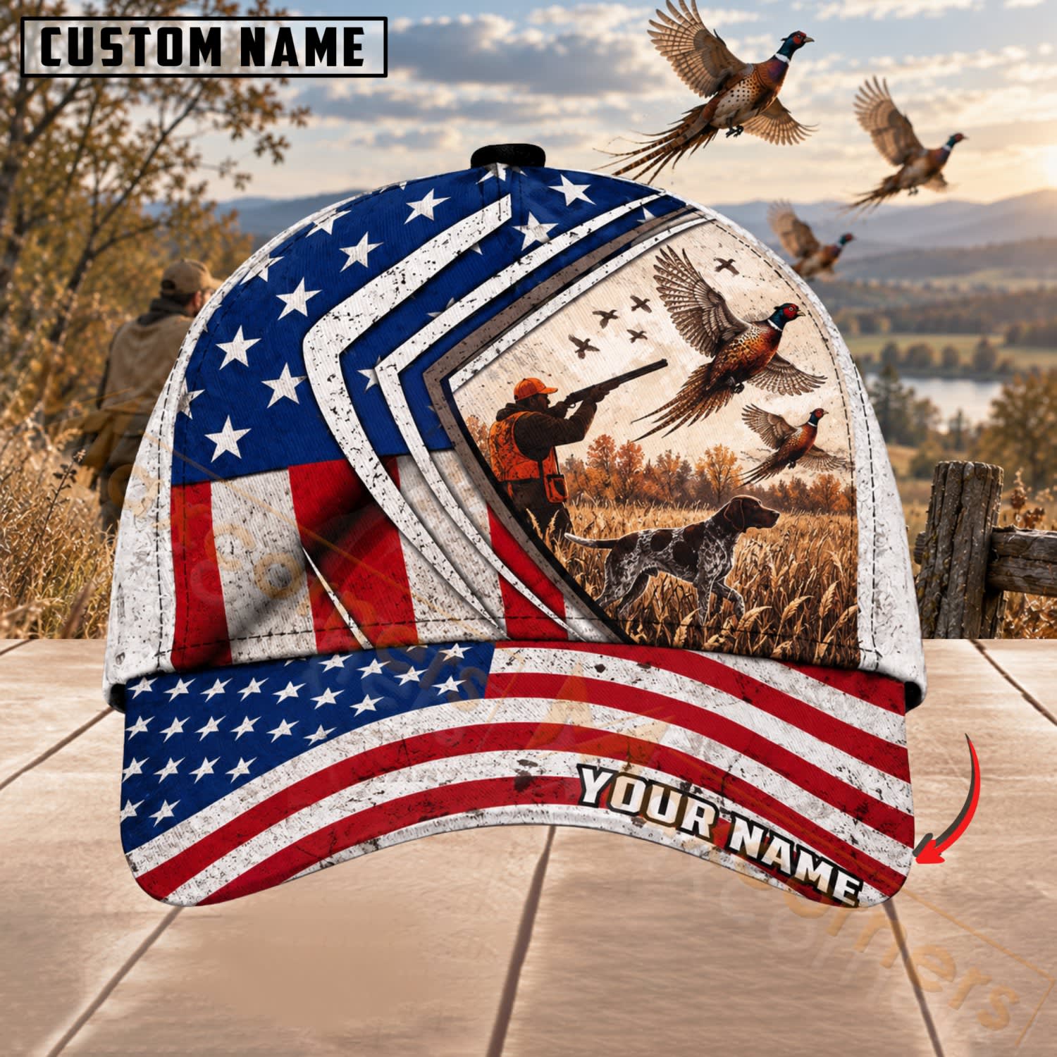 Maxcorners Upland Bird Hunting American Flag Hunter Pheasant Scene Personalized Name 3D Cap