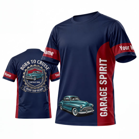 Maxcorners Personalized Car Classic Muscle Car 3D T-Shirt – Midnight Blue Red Garage Spirit and Teal Classic Car