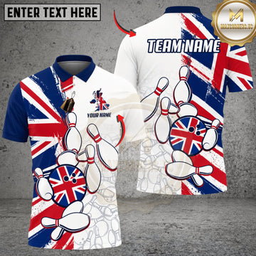 Maxcorners Bowling United Kingdom Flag Funny Bowling Pins Personalized Name 3D Unisex Shirt