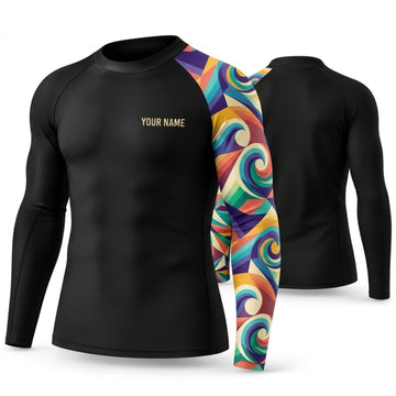 Maxcorners Personalized Psychedelic Art Black Shirt with Bold Teal Yellow Wave Sleeve 3D All Over Printed Shirts, Best Gifts for Art Lovers