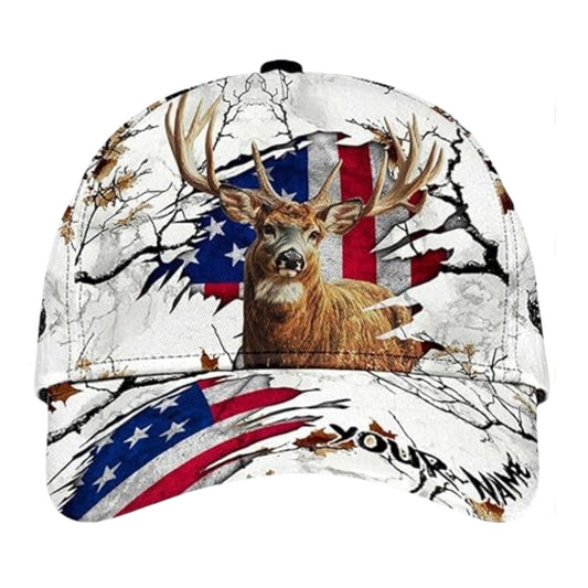 Maxcorners Custom White Grunge US Flag Deer Hunting Baseball Cap, Custom Patriotic Deer Caps For Hunters LM0402