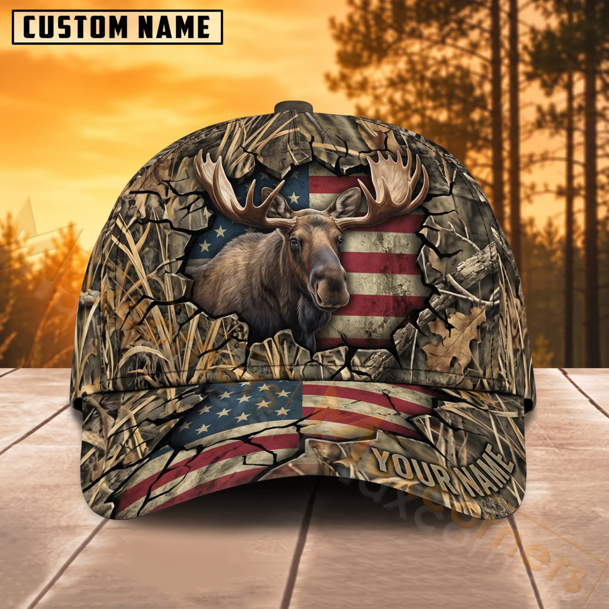 Maxcorners Moose Hunting American Flag Realtree Camo Personalized Name 3D Cap