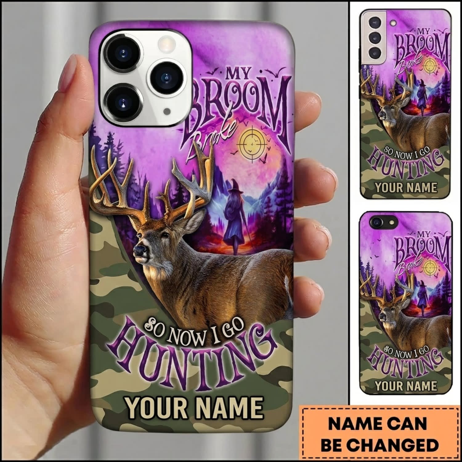 Maxcorners Hunting Purple Deer Wolf Forest Camo Personalized Name 3D Phone Case