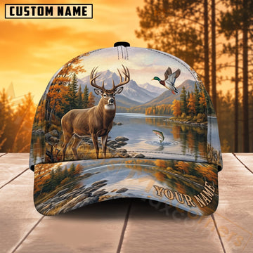 Maxcorners Deer Hunting Autumn Mountain Lake Wildlife Personalized Name 3D Cap