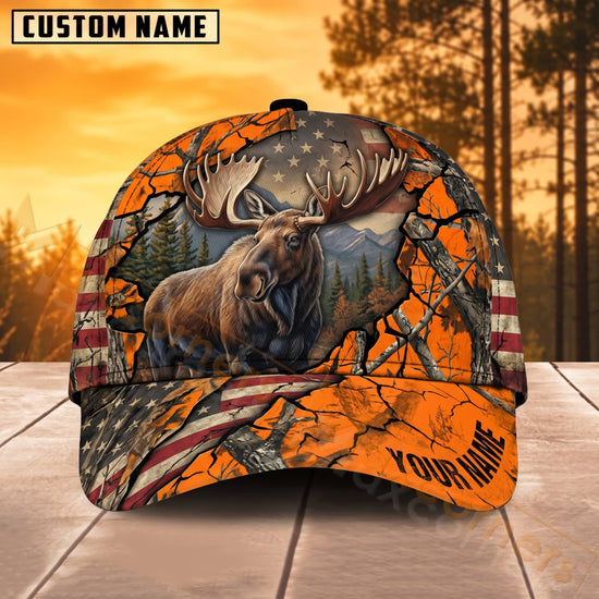 Maxcorners Moose Hunting Rustic American Flag Orange Camo Personalized Name 3D Cap