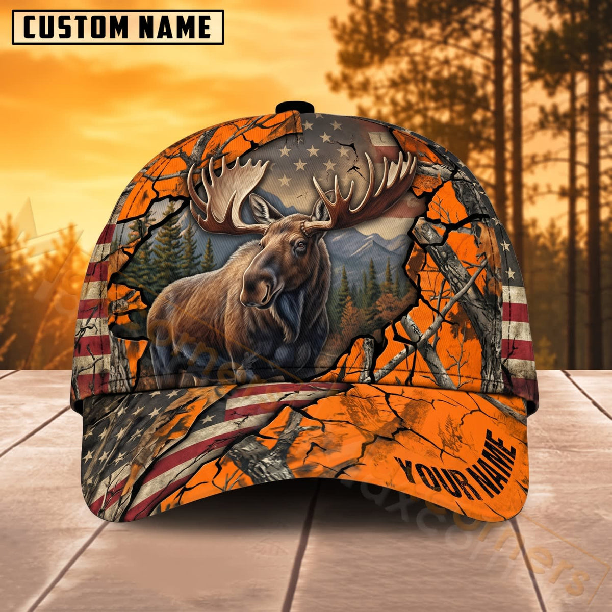Maxcorners Moose Hunting Rustic American Flag Orange Camo Personalized Name 3D Cap