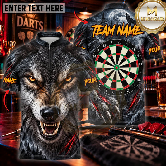 Maxcorners Darts Angry Black Wolf Red Fire Classic Dartboard Personalized Name 3D Unisex Shirt