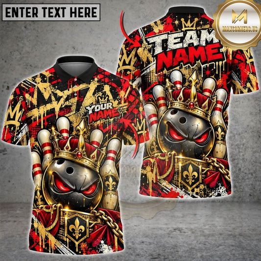 Maxcorners Bowling Royal King Crown Evil Ball Shield Fleur De Lis Pins Artwork Multicolor Customized Name, Team Name 3D Shirts