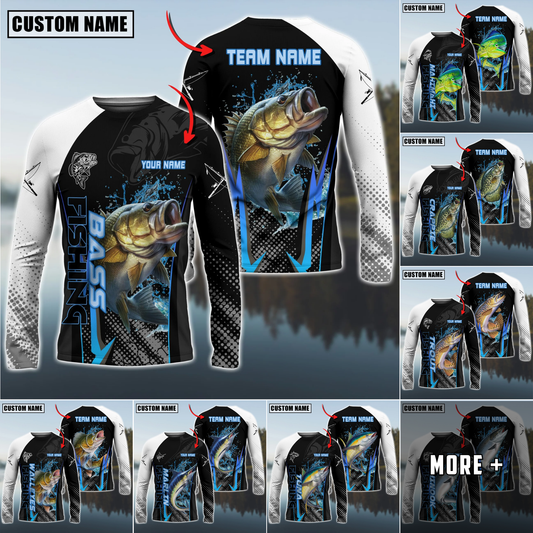 Maxcorner Fishing The Fury Of Thunder Pattern Personalized 3D Long Sleeve Shirt (8 Fish Species)