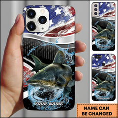 Maxcorners Catfish Fishing American Flag Metallic Wave Water Splash Art Personalized Name Phone Case