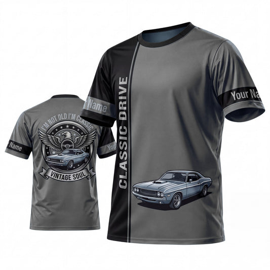 Maxcorners Personalized Car Classic Muscle Car 3D T-Shirt – Burgundy Black Classic Drive and Silver Vintage Car