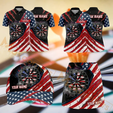 Maxcorners Darts American Flag Dartboard Design Personalized Team Sportswear Set - Polo Shirt, Cap & Skorts