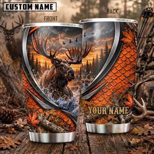 Maxcorners Hunting Deer Orange Black Camo Personalized Name 3D Tumbler
