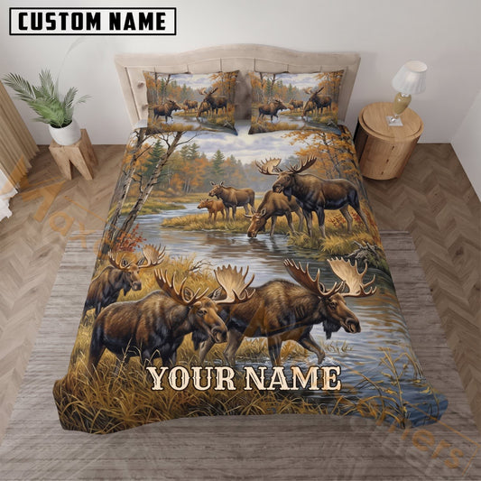 Maxcorners Moose Hunting Mountain River Landscape Custom Name 3D Bedding Set