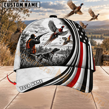 Maxcorners Upland Bird Hunting Monochrome Hunter & Flying Pheasants Personalized Name 3D Cap