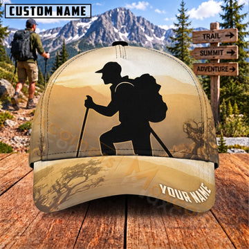 Maxcorners Hiking Backpacker Silhouette Mountain Trail Personalized Name 3D Cap