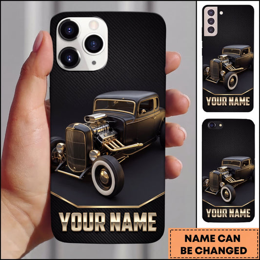 Maxcorners Vintage Hot Rod Golden Classic Car on Black Background Personalized Name 3D Phone Case