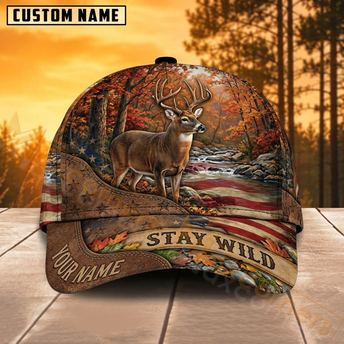 Maxcorners Deer Hunting American Flag Stay Wild Personalized Name 3D Cap