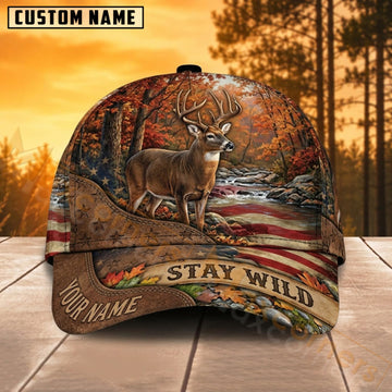 Maxcorners Deer Hunting American Flag Stay Wild Personalized Name 3D Cap