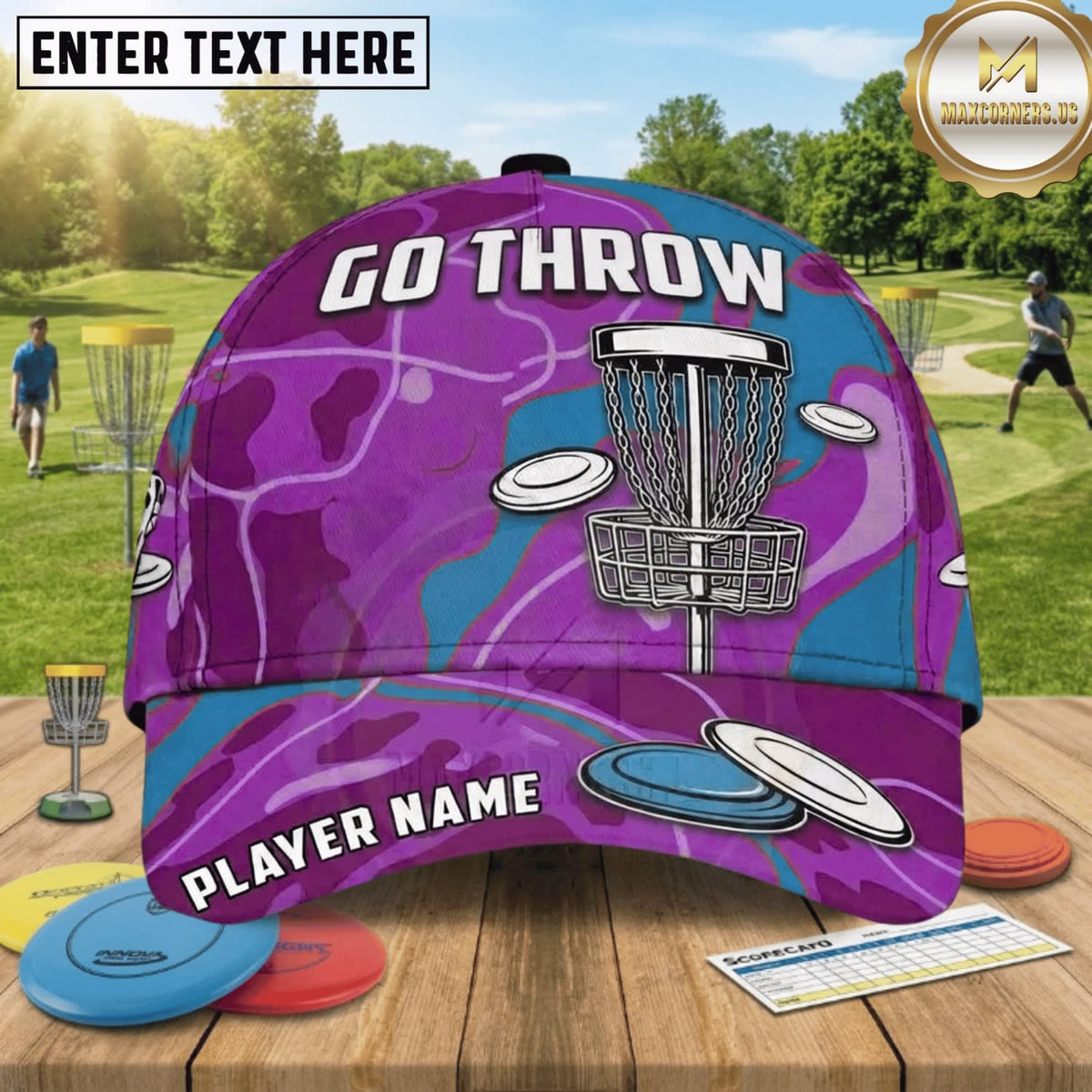 (8 Colors) Maxcorners Disc Golf Go Throw Chain Basket & Flying Discs Personalized Name 3D Cap LM3009