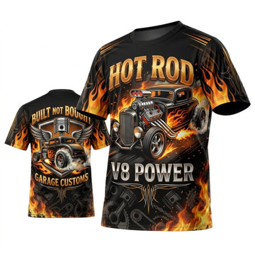 Maxcorners Personalized Car Classic Muscle Car 3D T-Shirt – Hot Rod V8 Powered Black Gold Flames