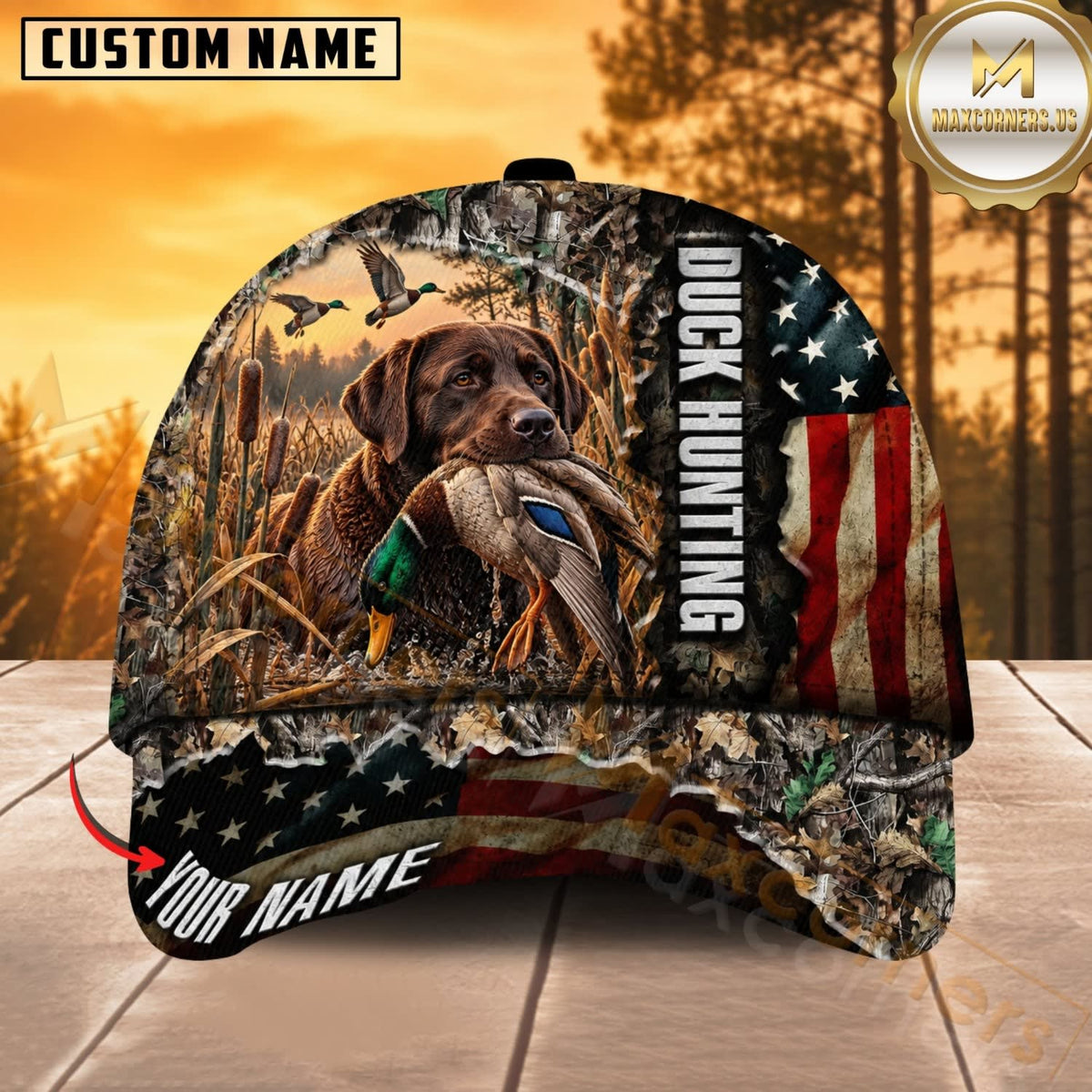 Maxcorners Dog Hunting And Duck Hunting Dog Marsh Camo American Flag Personalized Name 3D Cap