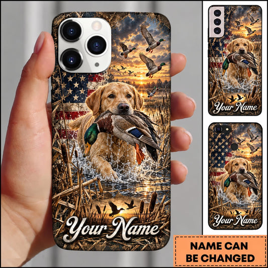 Maxcorners Duck Hunting German Wirehaired Pointer American Flag Sunset Marsh Personalized Name 3D Phone Case - Yellow Labrador Retriever