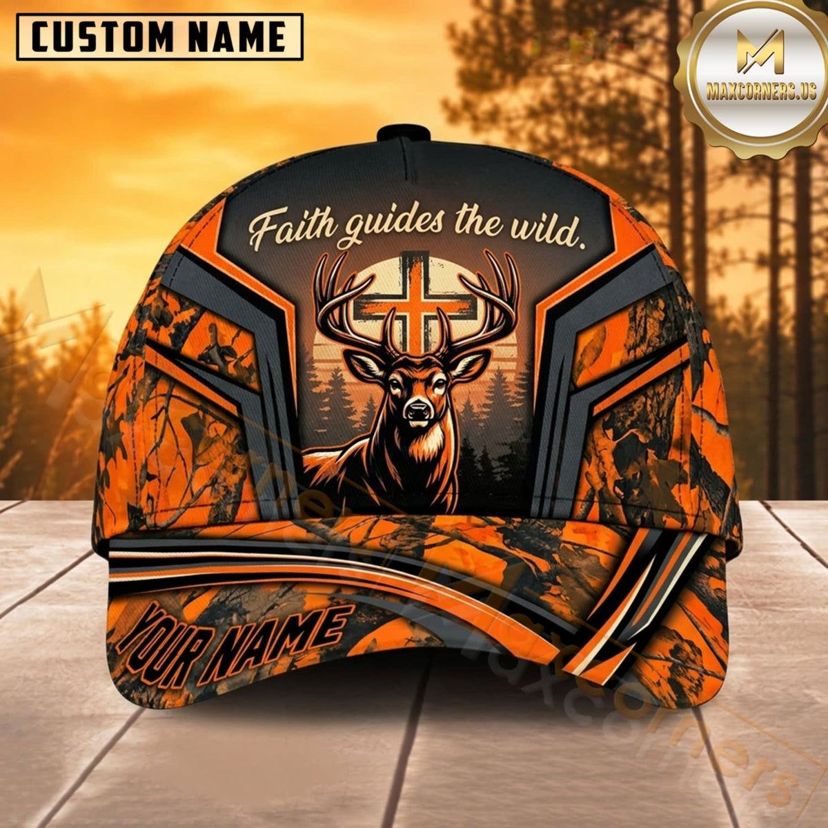 Maxcorners Deer Hunting Whitetail Deer Skull Faith Quote Orange Sunset Camo Customized Name 3D Cap