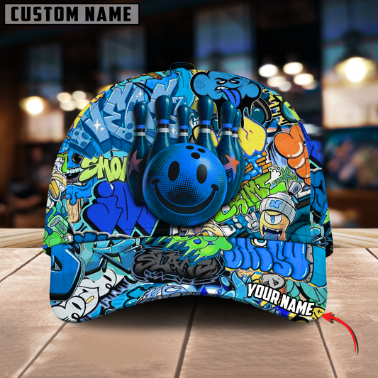 Maxcorners Bowling Graffiti Funny Smiley Multicolor Personalized Name 3D Cap