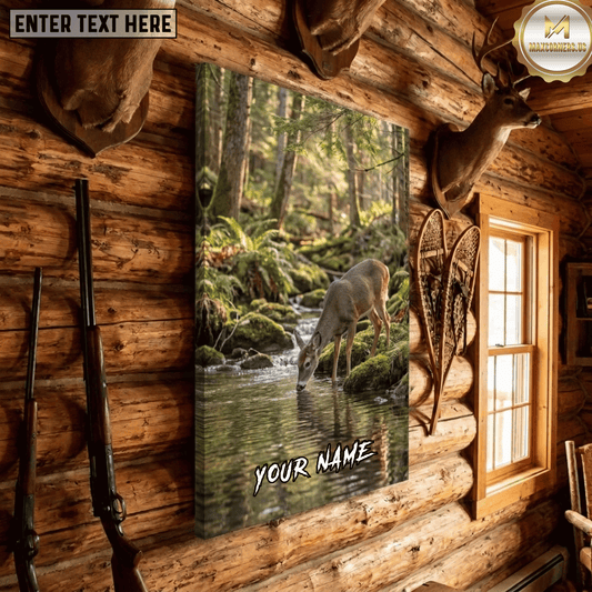 Maxcorners Deer Hunting Doe Drinking Creek Mossy Forest Stream Peaceful Wildlife Canvas Wall Art